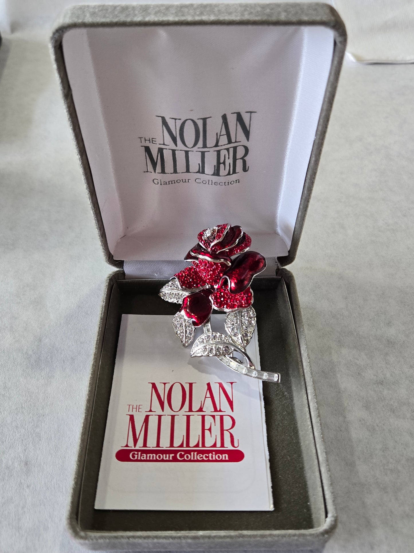 Vintage Nolan Miller Red Rhinestone Poured Glass Rose Brooch
