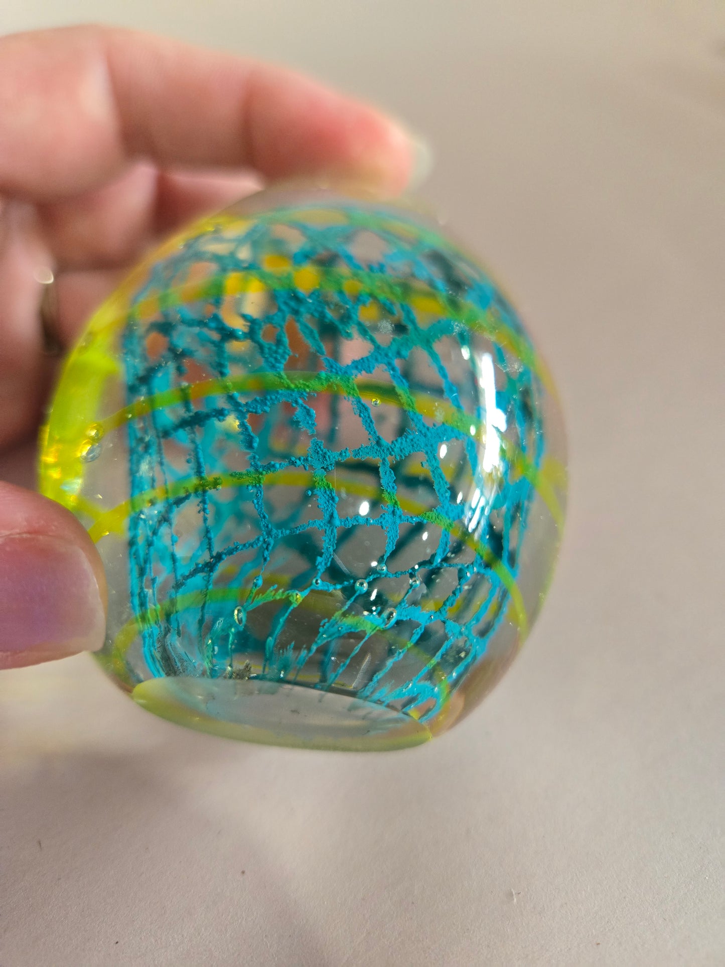 Vintage Art Glass Yellow Swirl Teal Lattice Egg Shaped Paperweight
