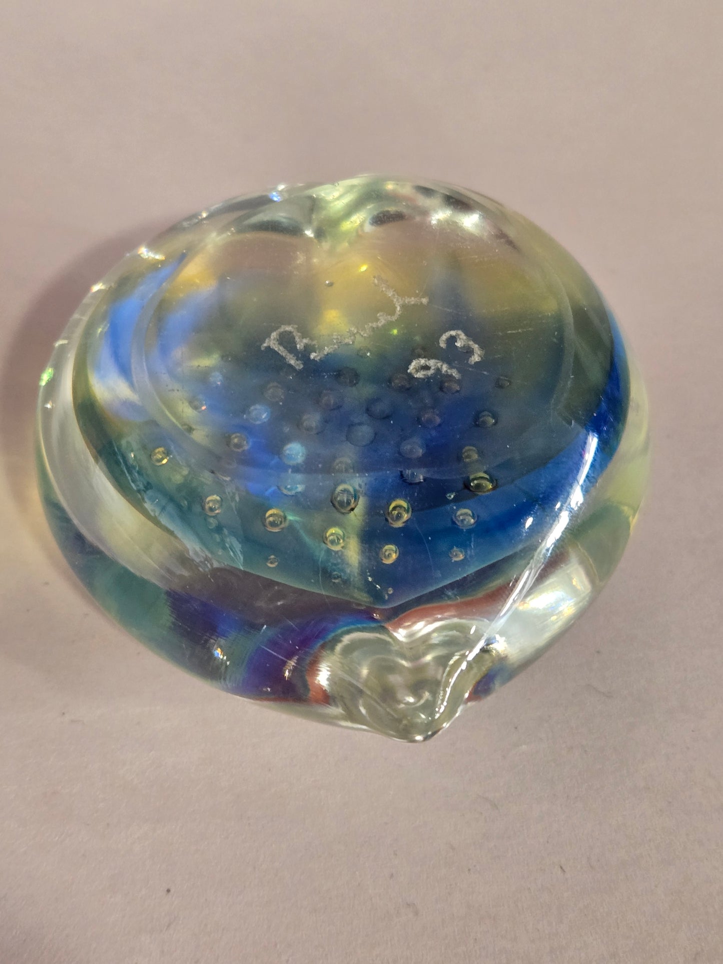 Clear & Blue Bubble Heart Paperweight- signed '93