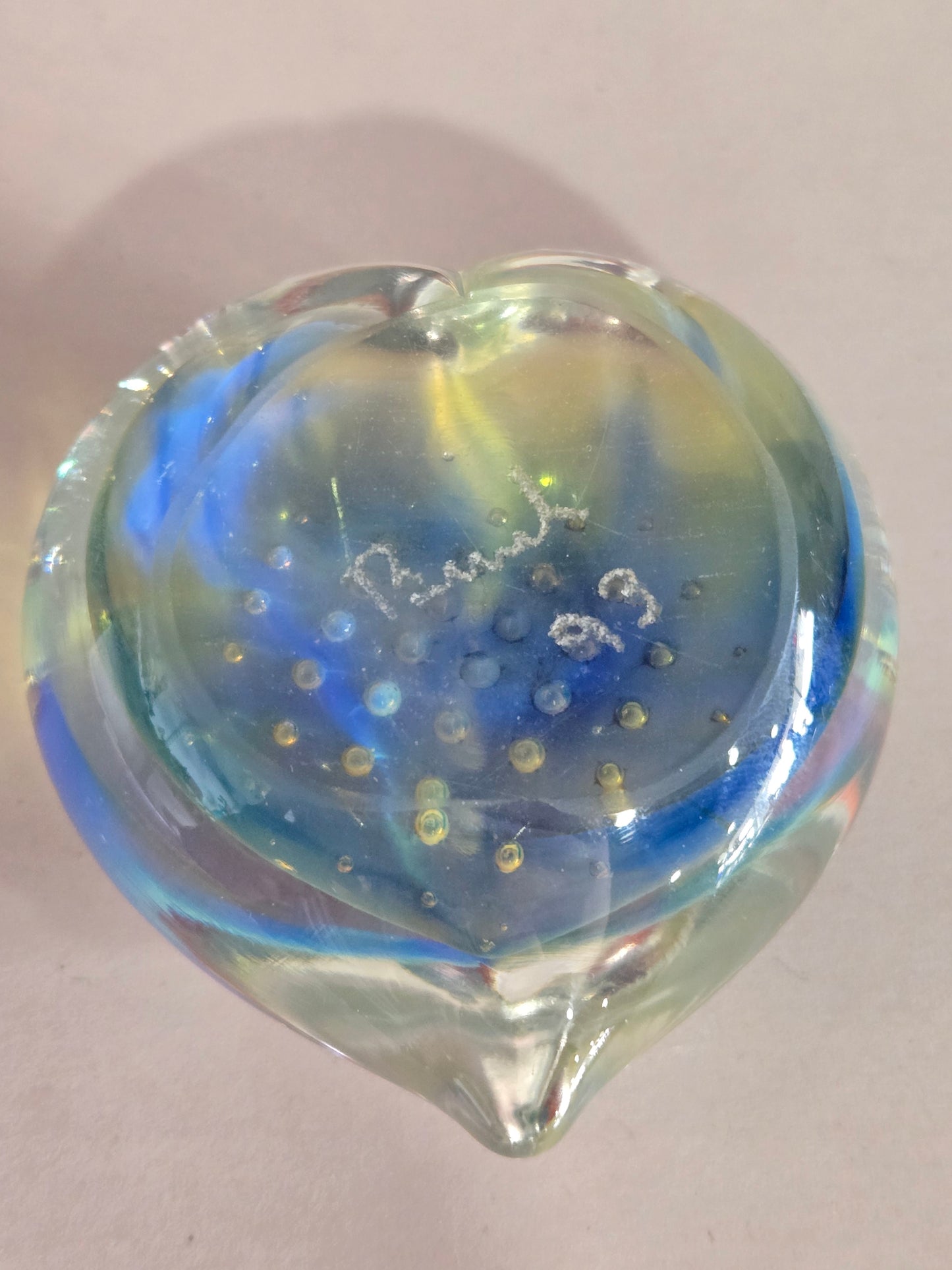 Clear & Blue Bubble Heart Paperweight- signed '93