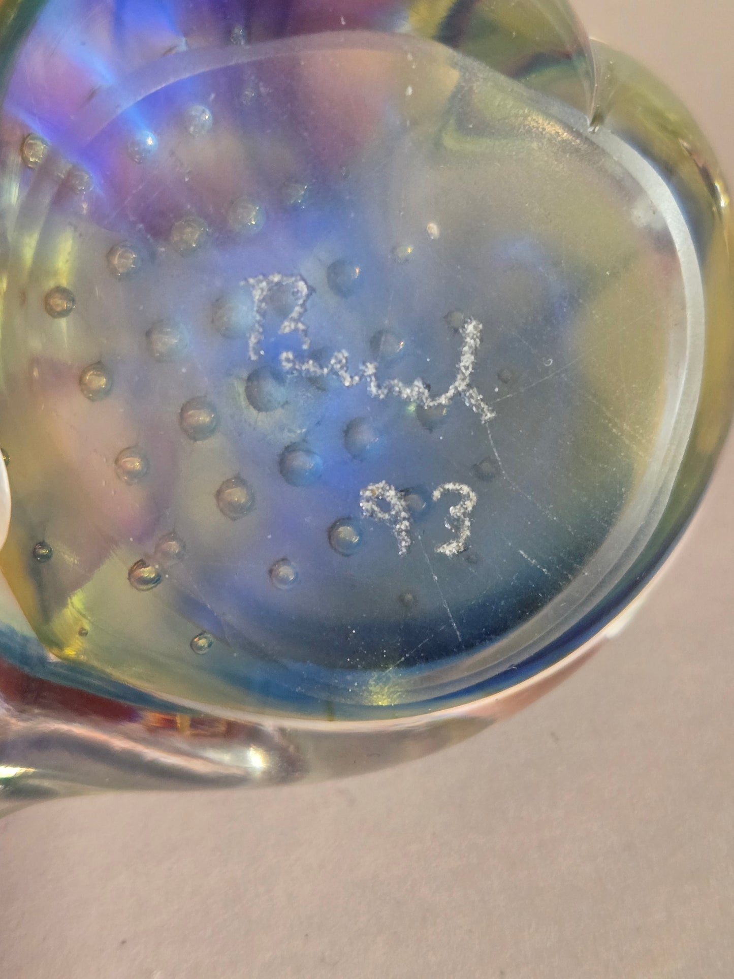 Clear & Blue Bubble Heart Paperweight- signed '93