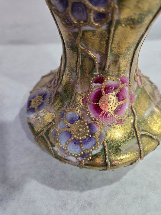Vintage Nippon Porcelain Vase w/ Hand Painted Raised Flowers