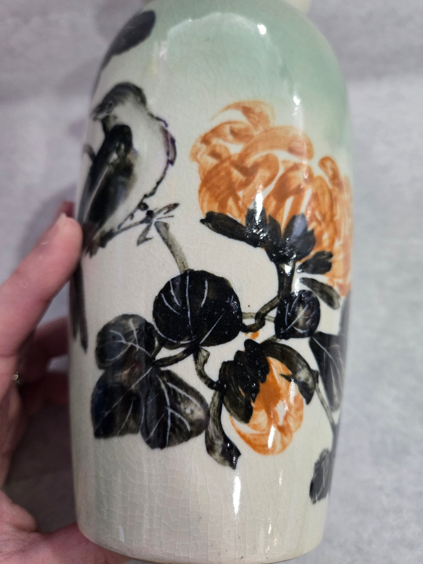 Hand Painted Oriental Bird & Flower signed Vase