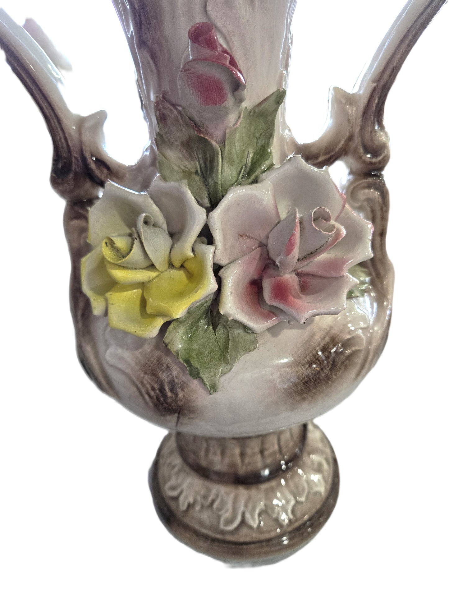 Vintage 1960's Capodimonte Large Double Handled Vase with Roses