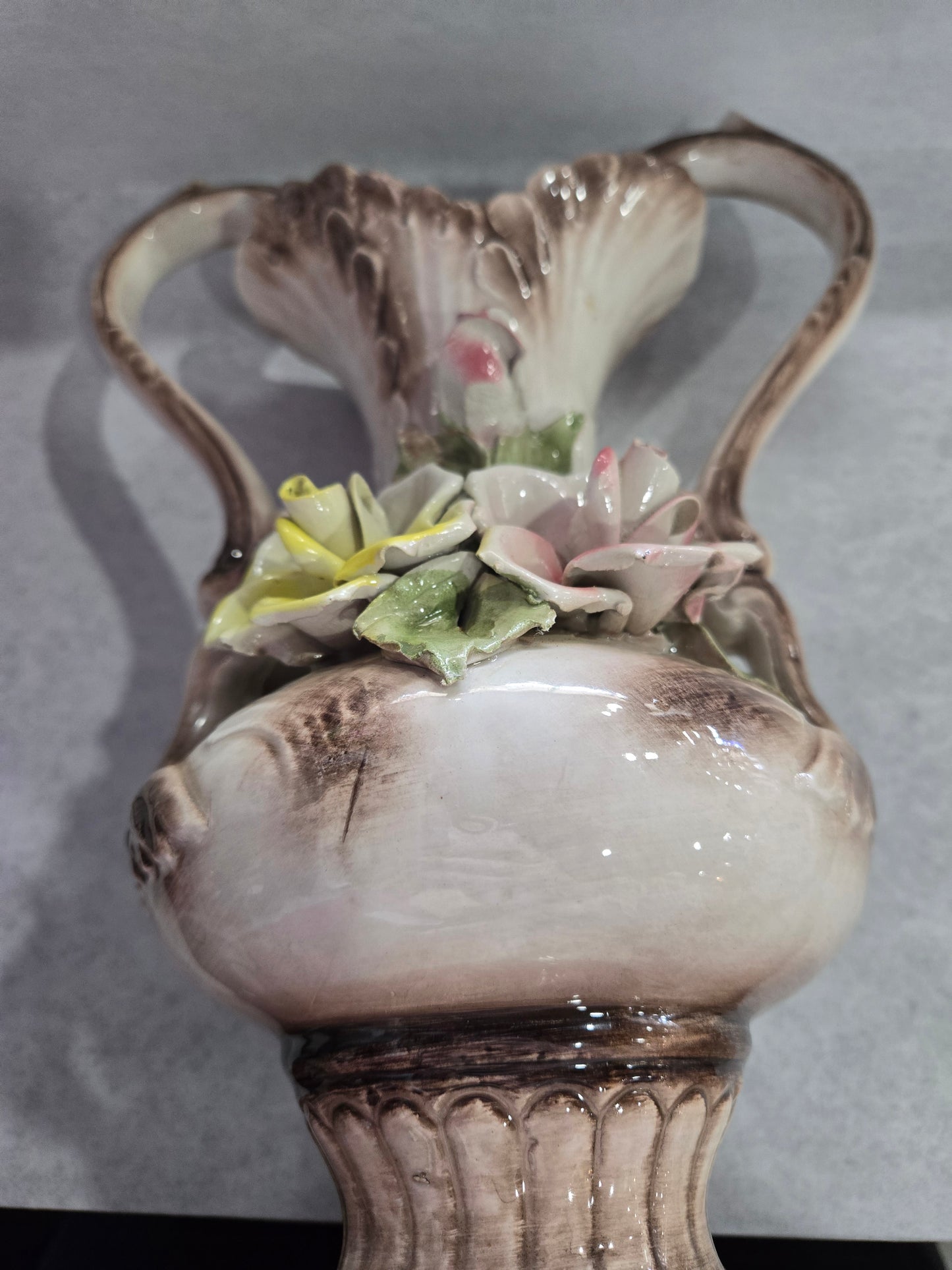 Vintage 1960's Capodimonte Large Double Handled Vase with Roses