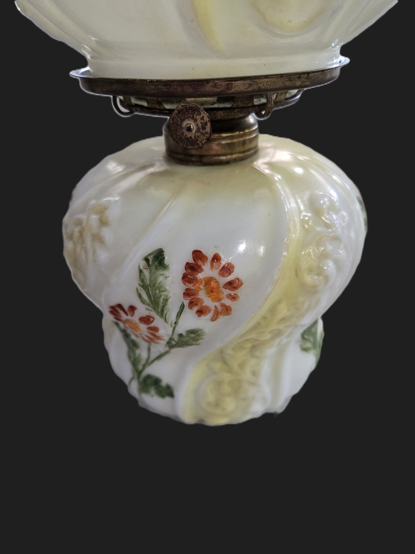 Vintage Hurricane Oil Lamp- Milk Glass Embossed Swirl Design w/ Hand Painted Flowers