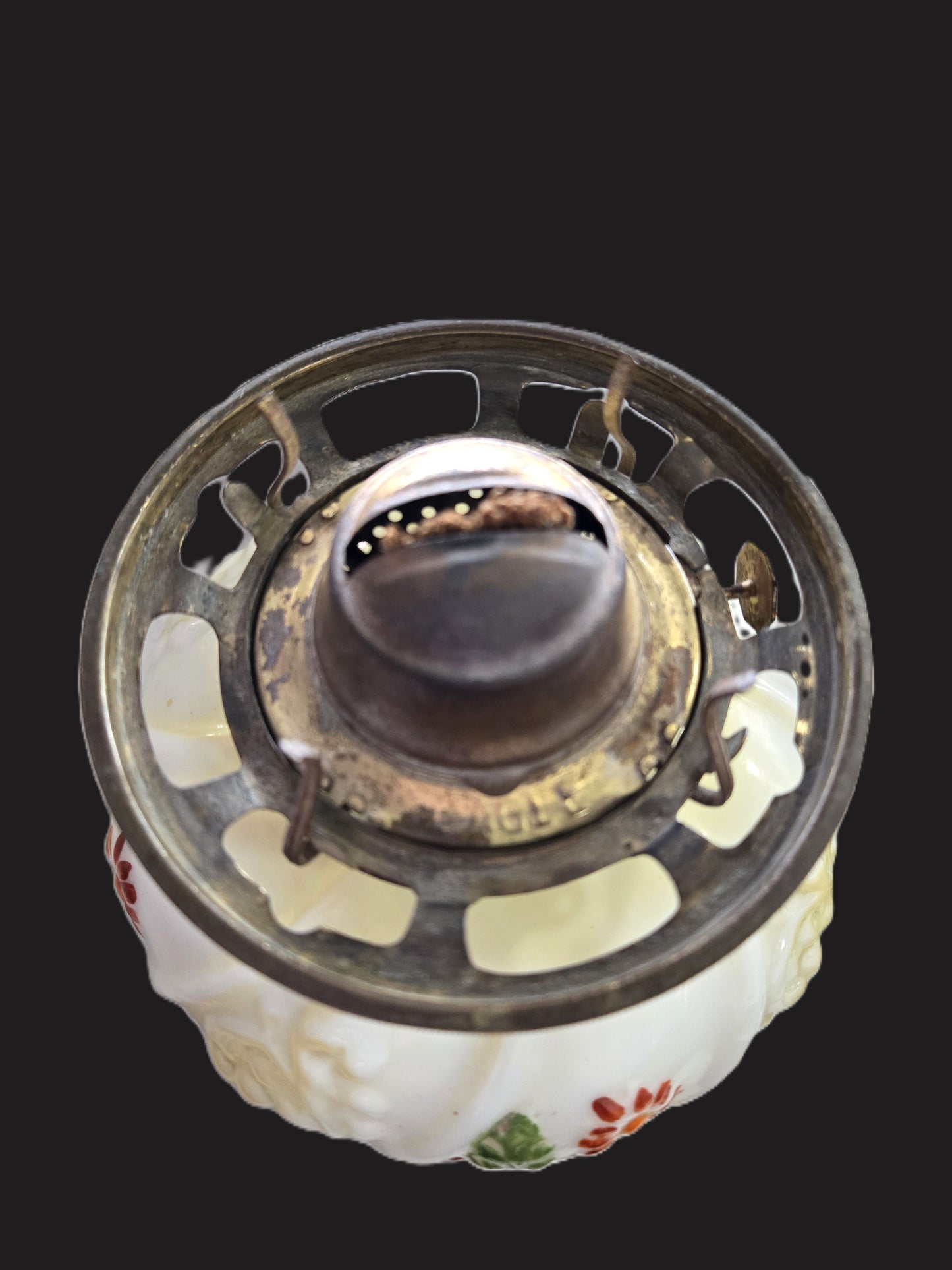 Vintage Hurricane Oil Lamp- Milk Glass Embossed Swirl Design w/ Hand Painted Flowers