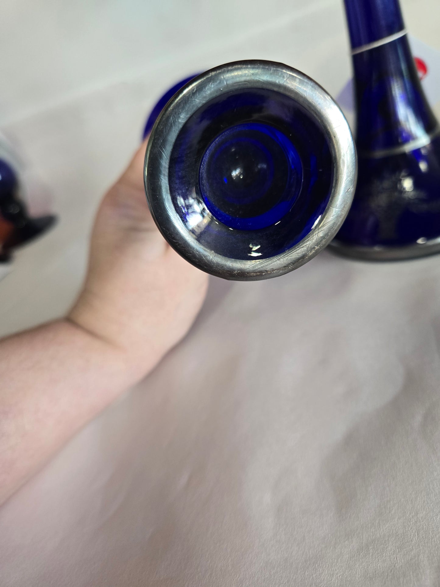 Vintage Cobalt Blue Glass Candlesticks w/ Silver Overlay