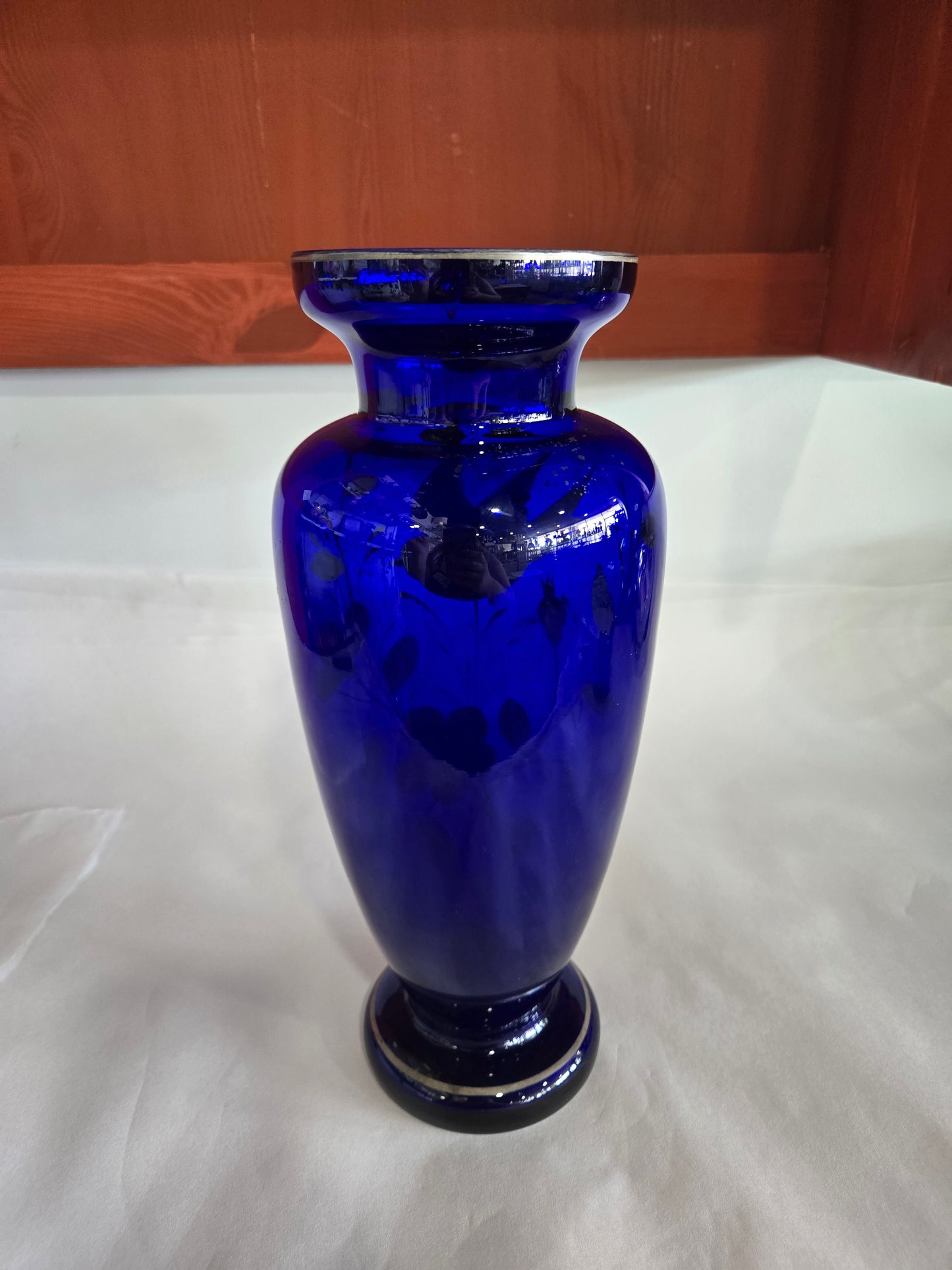 Vintage Czech Cobalt Blue & Silver Hand Painted Vase