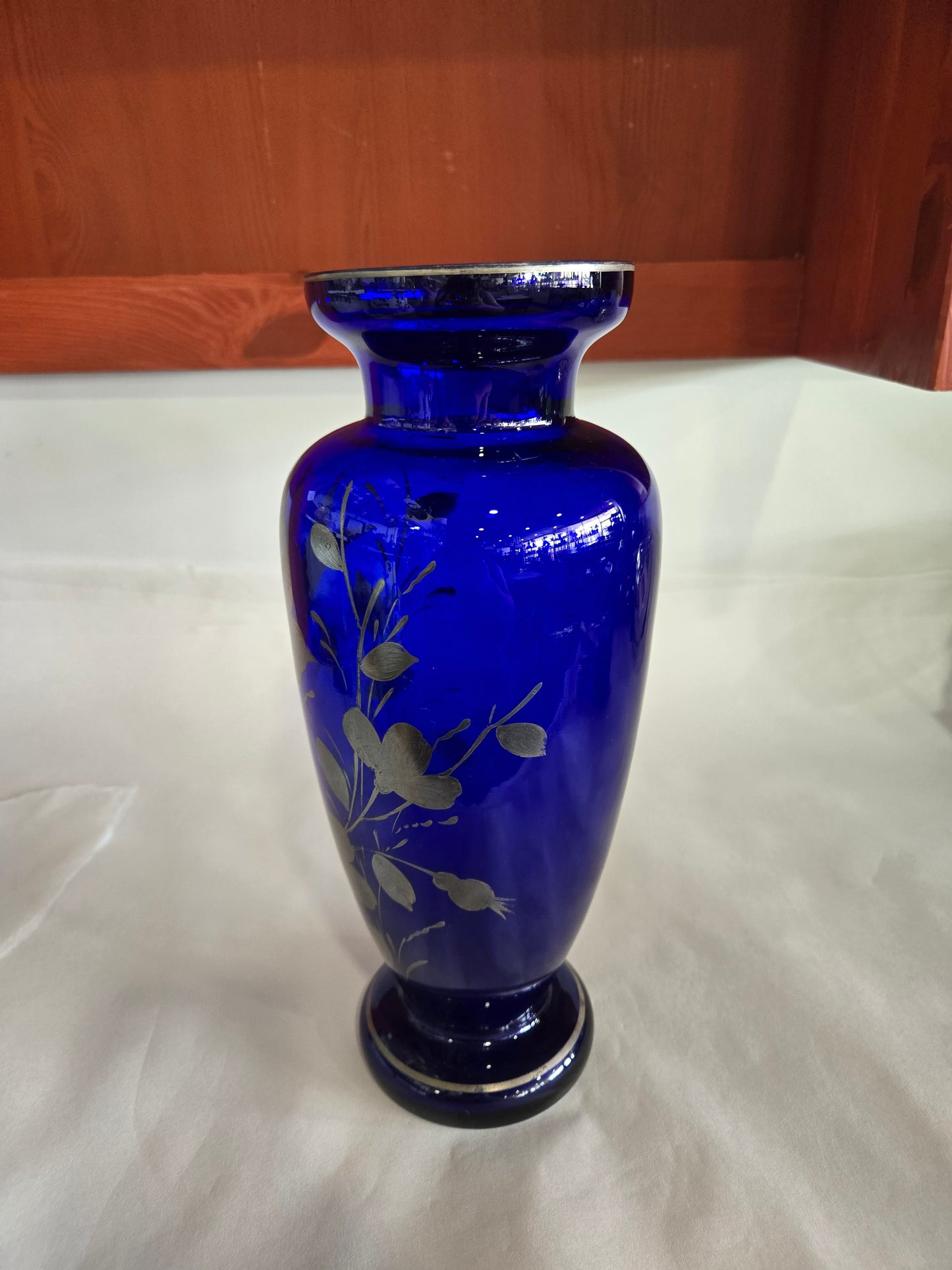 Vintage Czech Cobalt Blue & Silver Hand Painted Vase