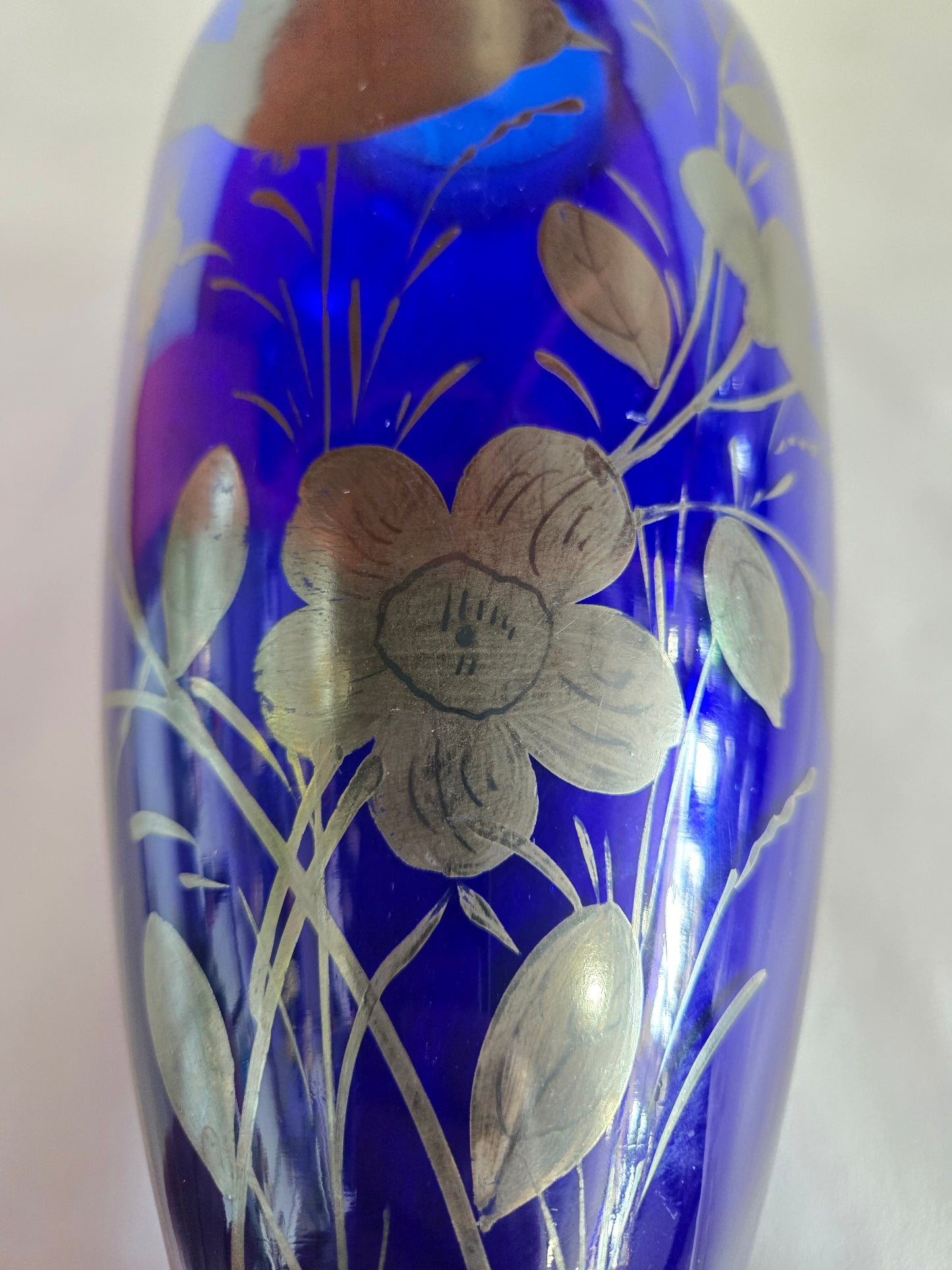 Vintage Czech Cobalt Blue & Silver Hand Painted Vase