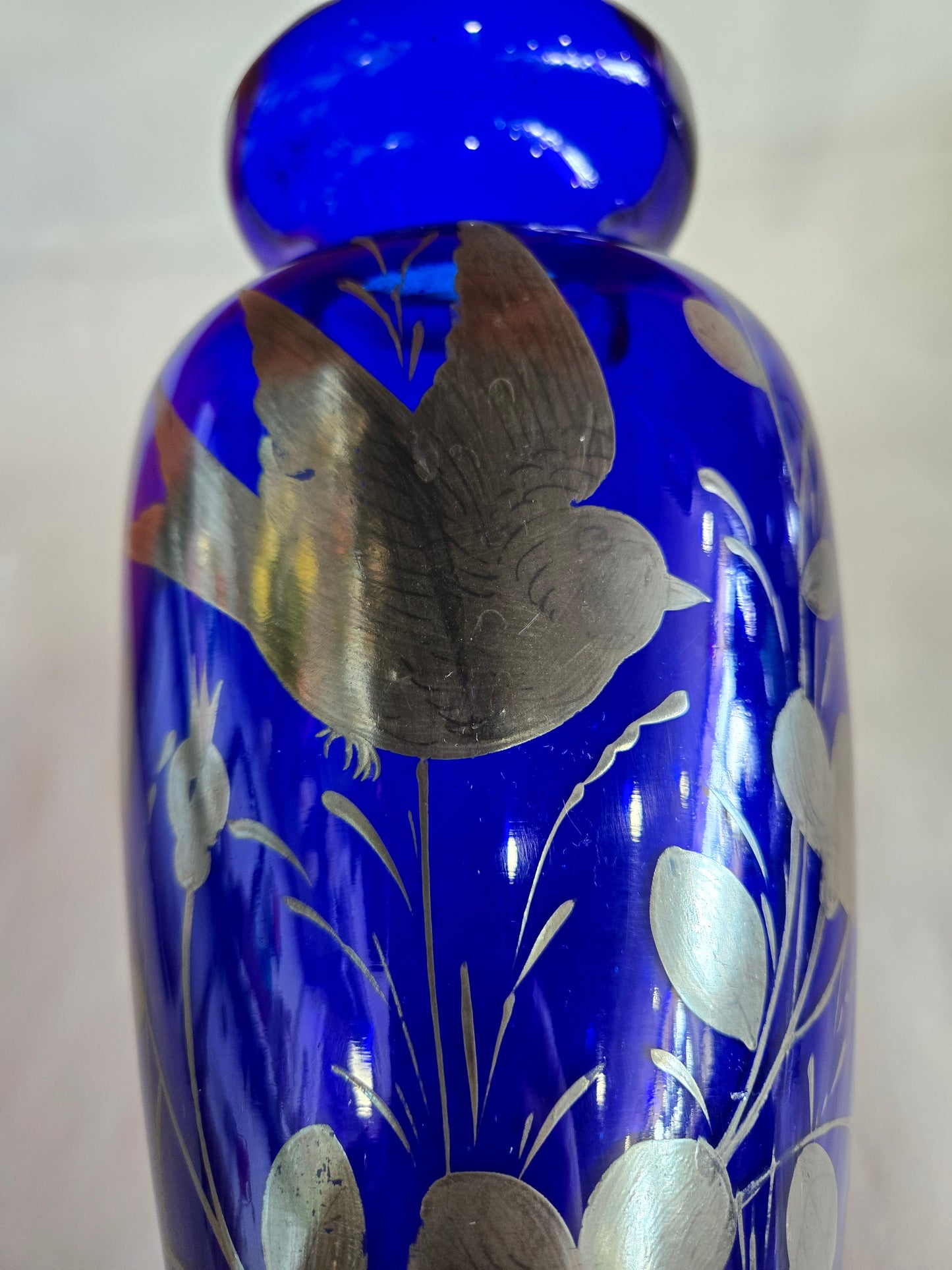 Vintage Czech Cobalt Blue & Silver Hand Painted Vase