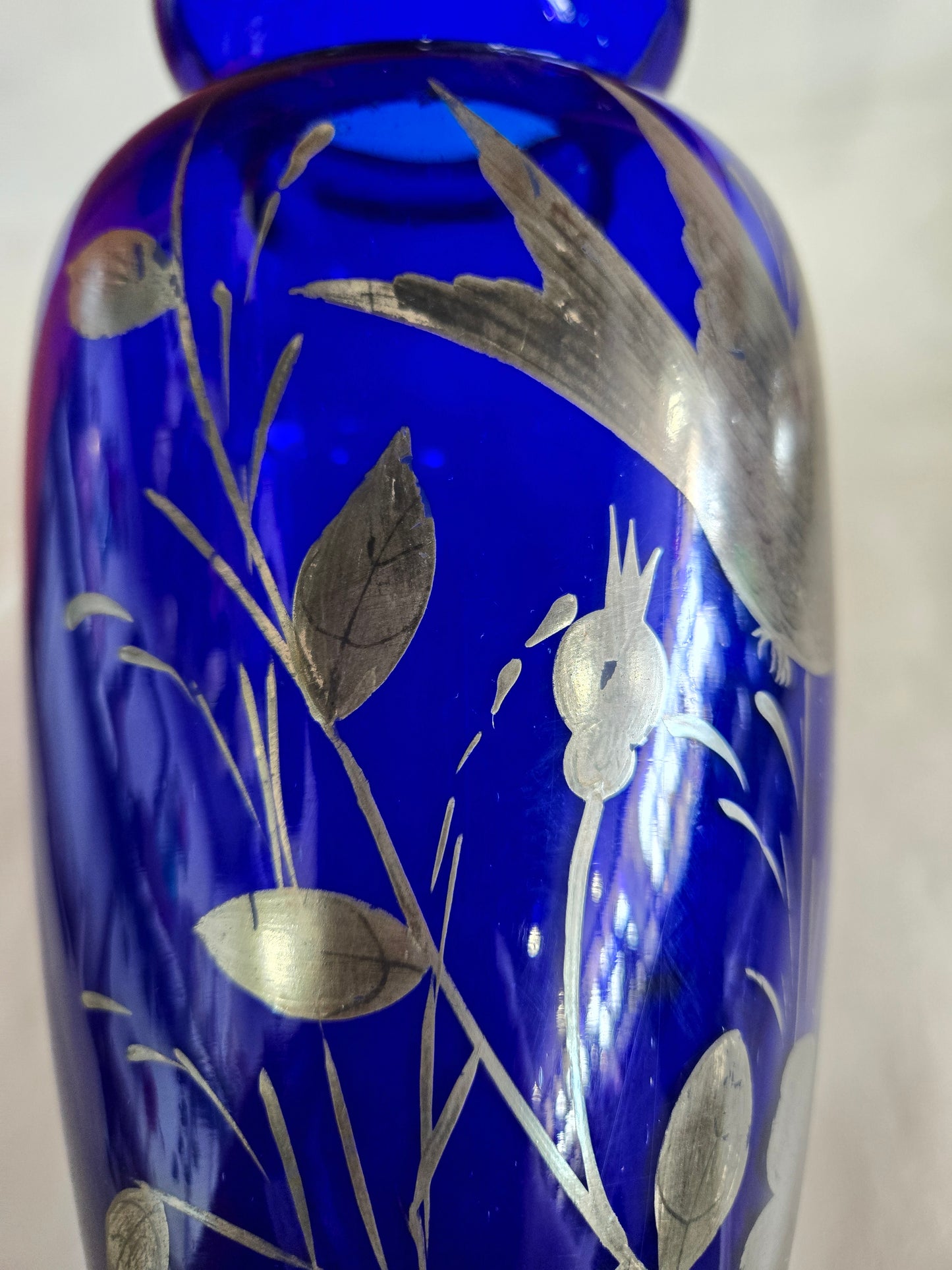 Vintage Czech Cobalt Blue & Silver Hand Painted Vase