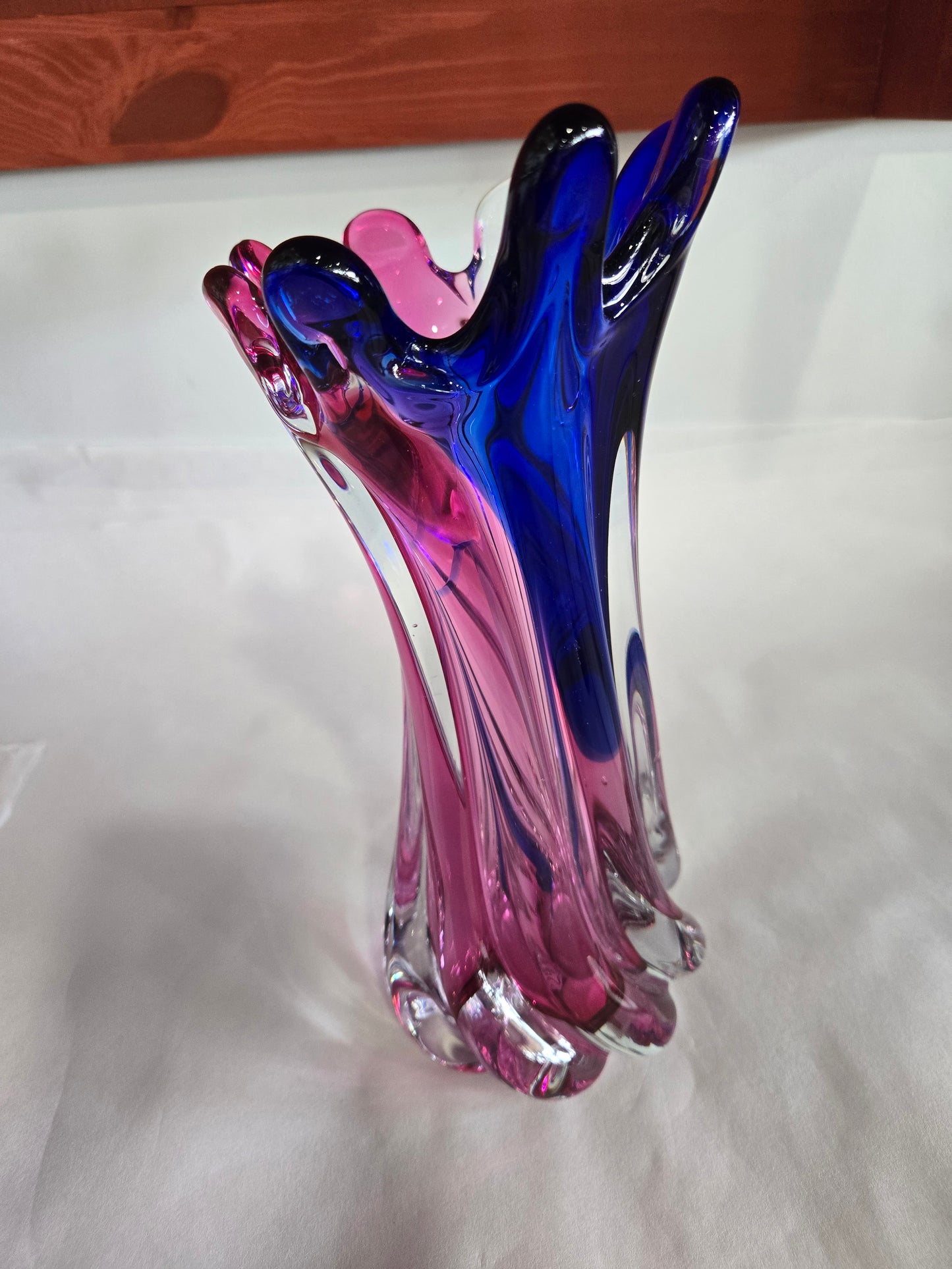 Vintage Murano Hand Blown Pink & Blue Twisted Art Glass Swung Vase