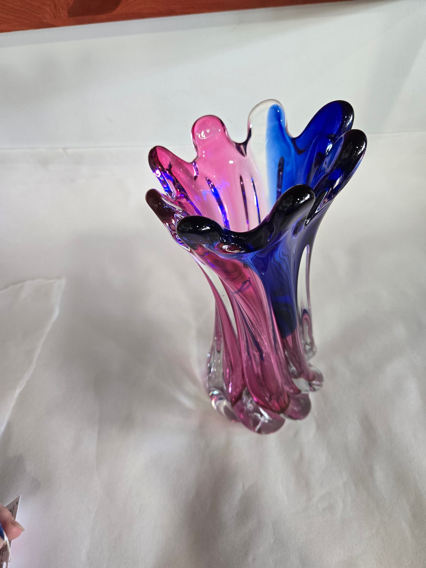 Vintage Murano Hand Blown Pink & Blue Twisted Art Glass Swung Vase
