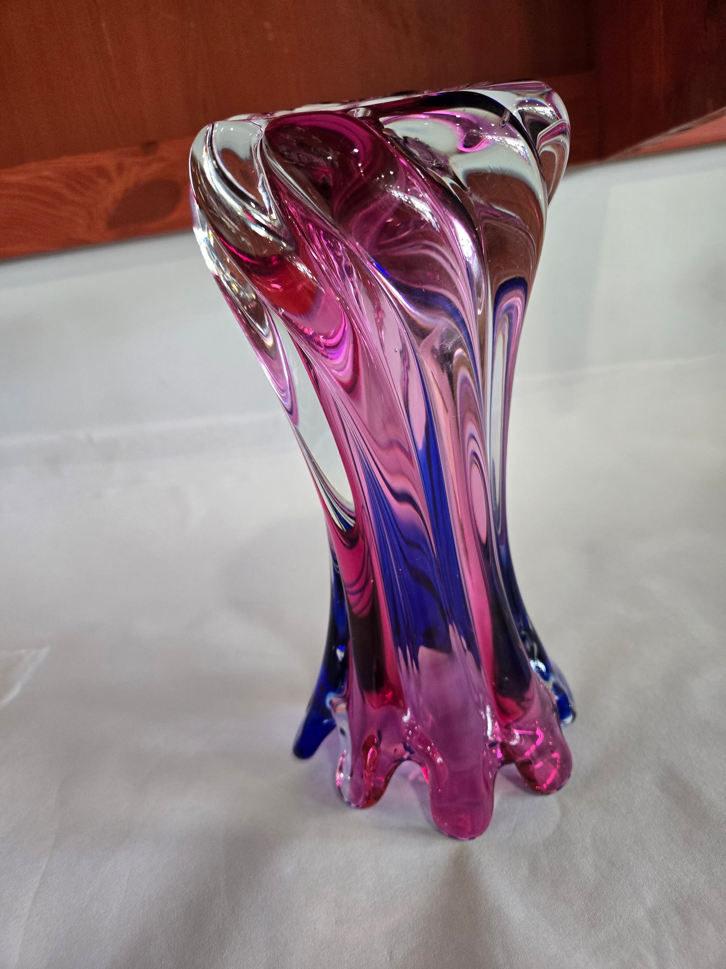 Vintage Murano Hand Blown Pink & Blue Twisted Art Glass Swung Vase