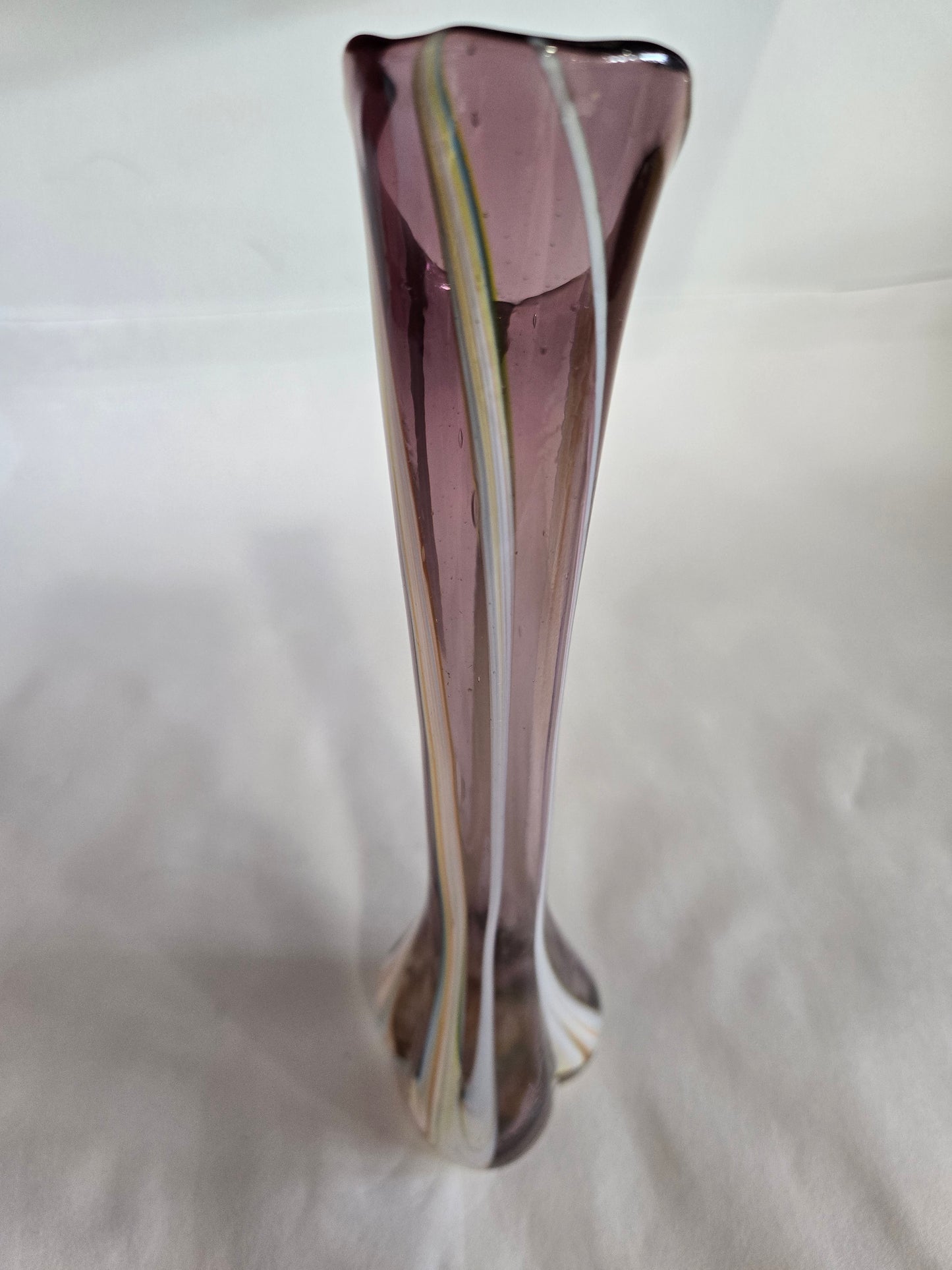 Vintage Hand Blown Purple Swirl Slag Glass Swung Vase