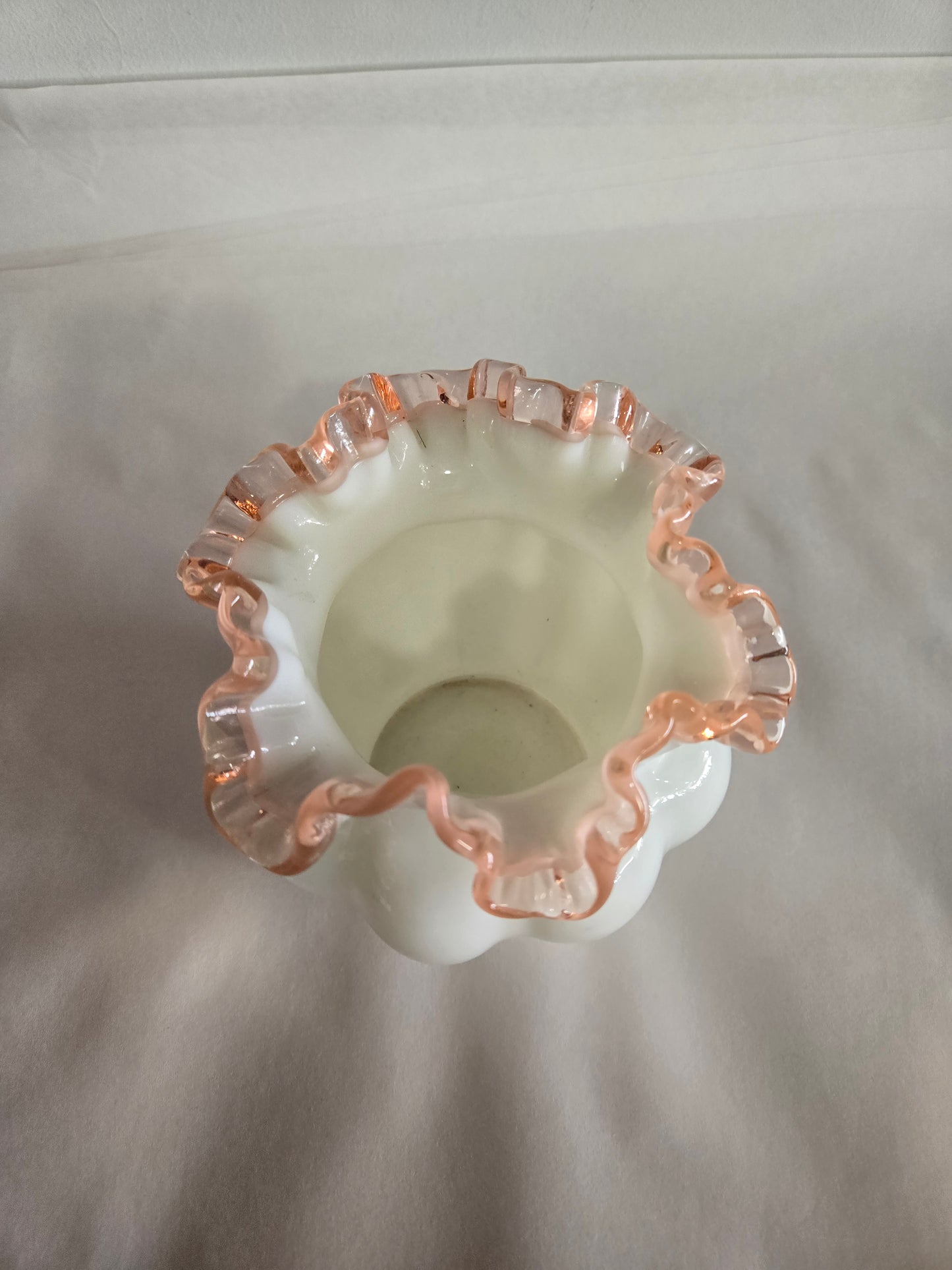 Vintage Fenton white vase with light pink ruffle