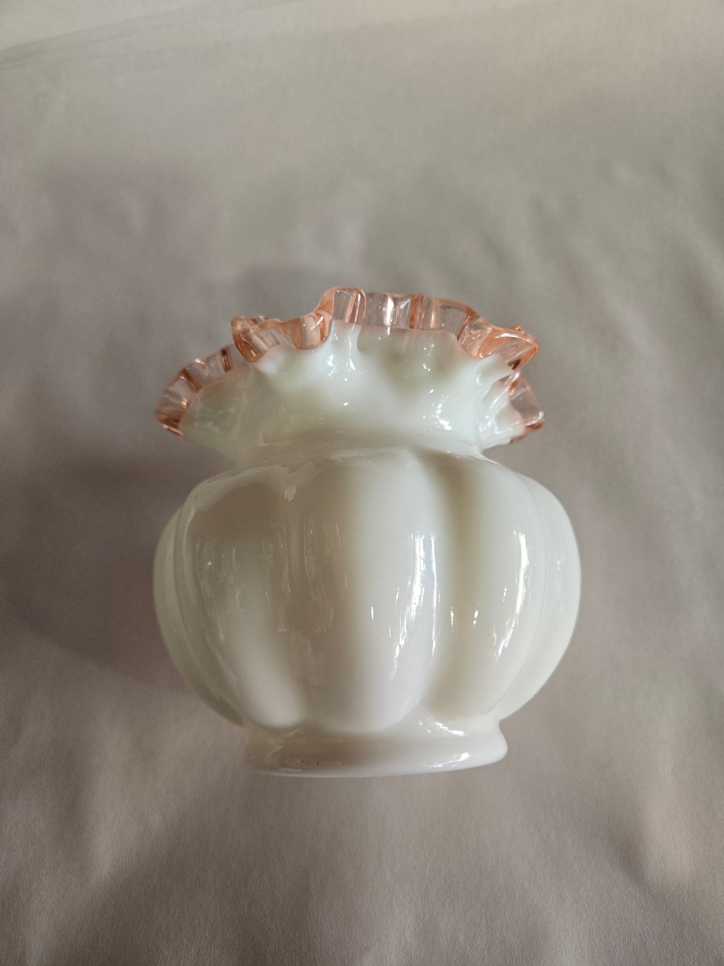 Vintage Fenton white vase with light pink ruffle