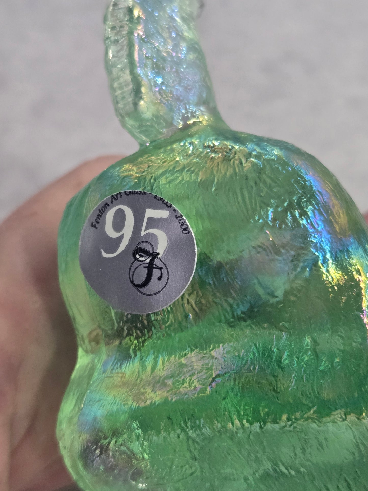 Vintage Fenton 95th Anniversary Green Carnival Glass Dog