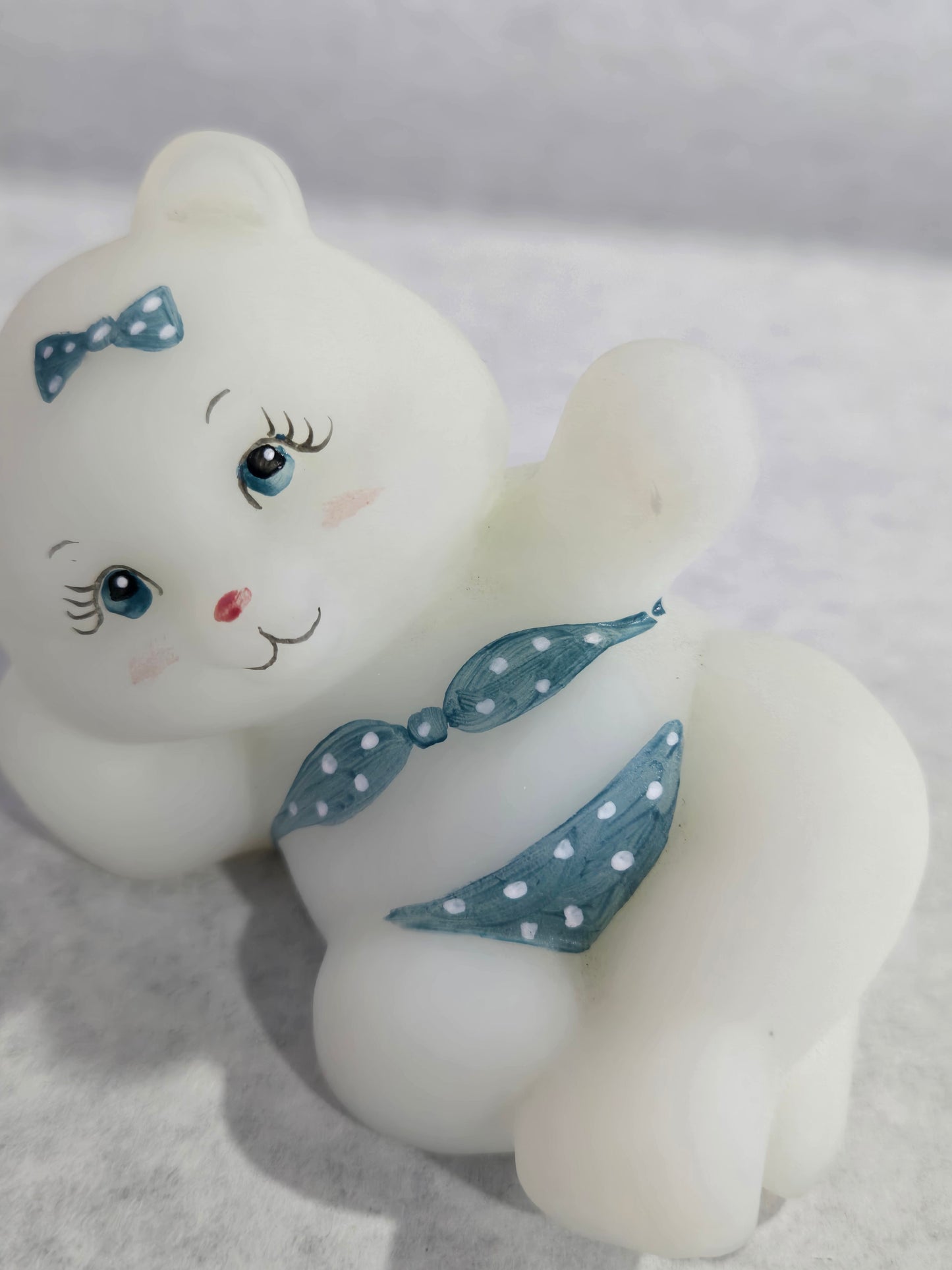 Vintage Fenton Opal Satin Hand Painted Reclining Girl Bear