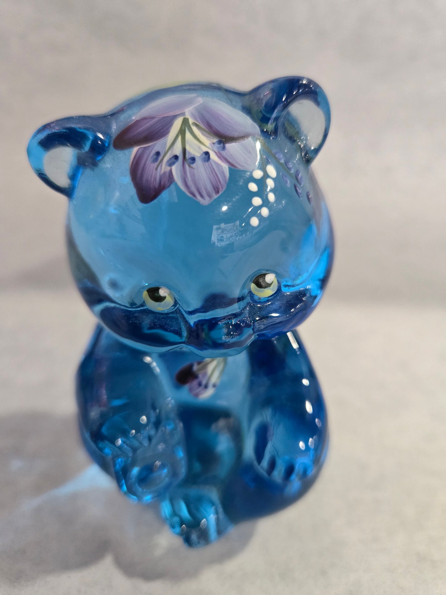 Vintage Fenton Ice Blue Bear with Hand Painted Flowers