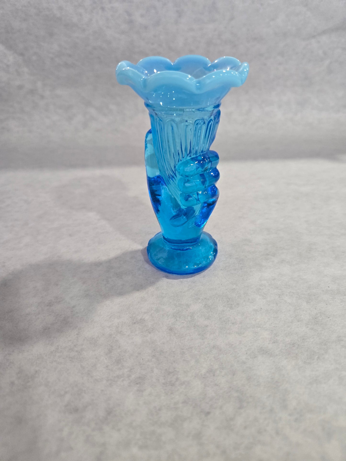 Vintage Fenton Blue Opalescent Hand Bud Vase