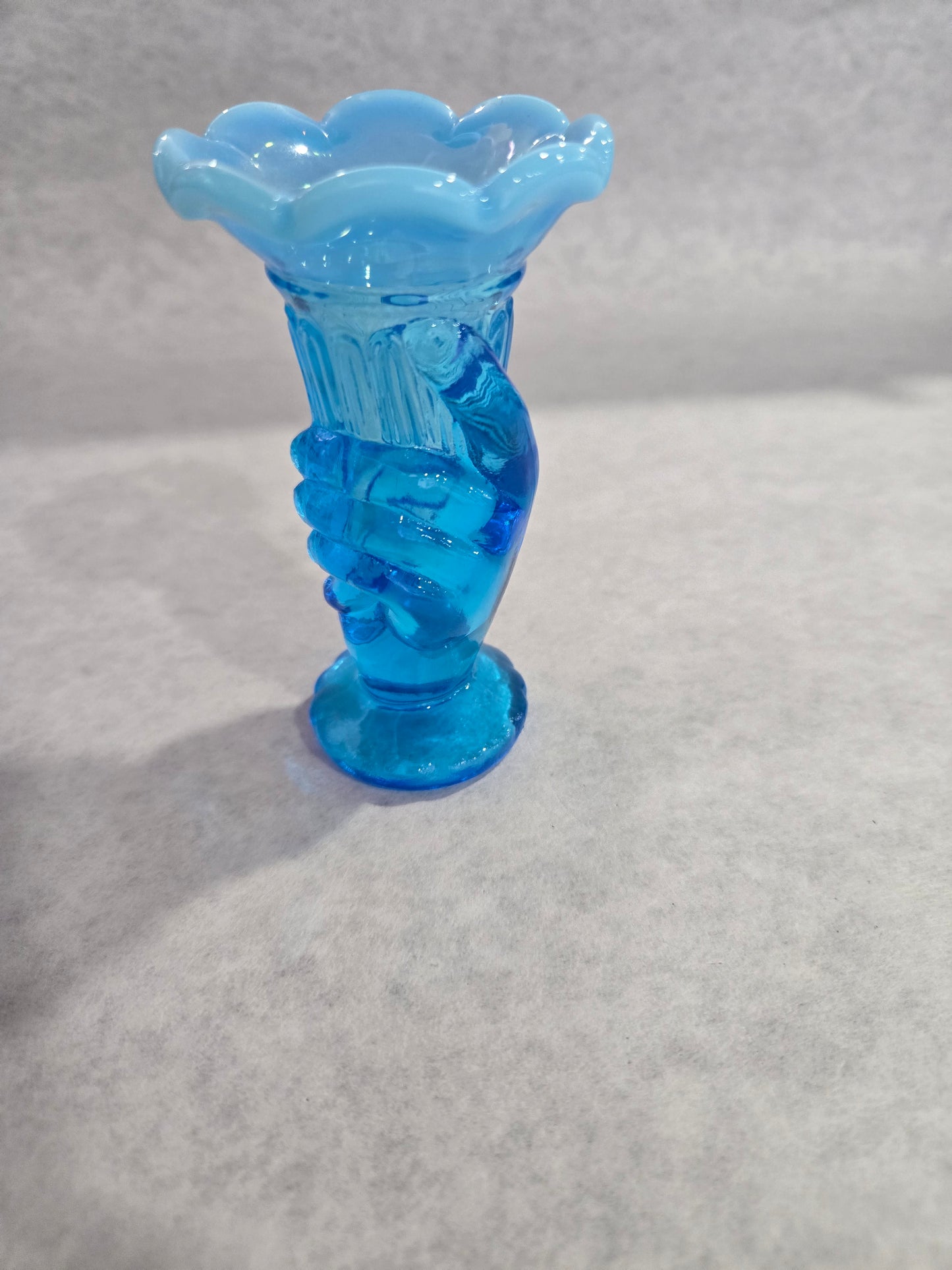 Vintage Fenton Blue Opalescent Hand Bud Vase