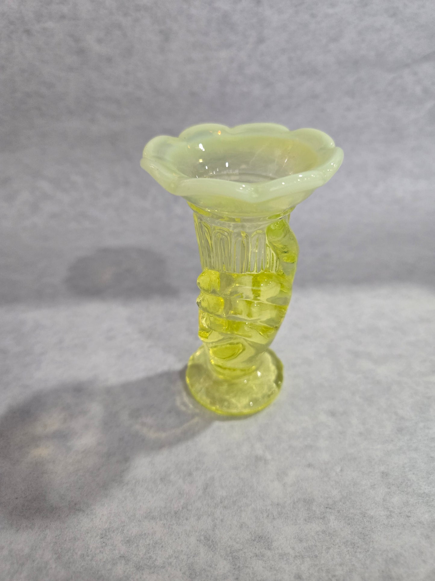 Vintage Fenton Vaseline Hand Bud Vase