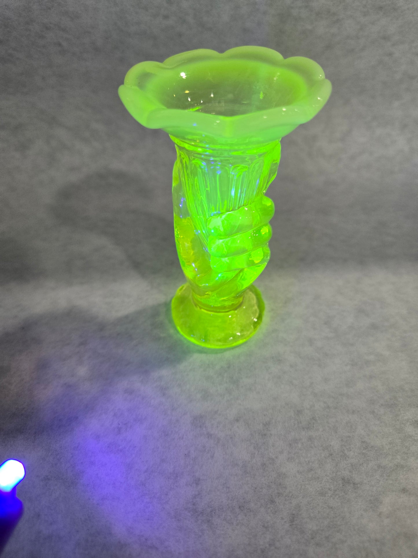 Vintage Fenton Vaseline Hand Bud Vase