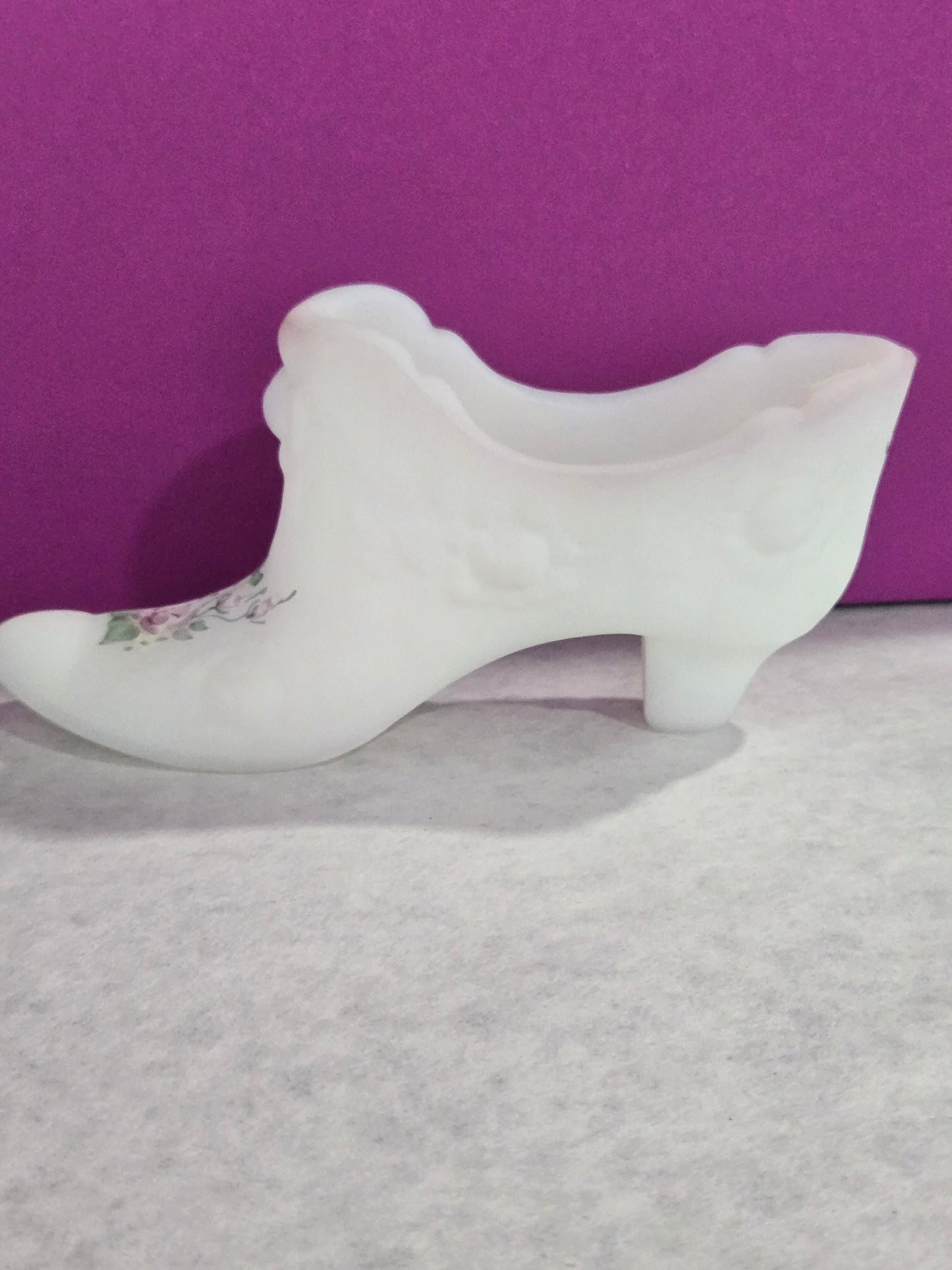 Vintage Fenton Milk Glass Shoe- Cabbage Rose Design