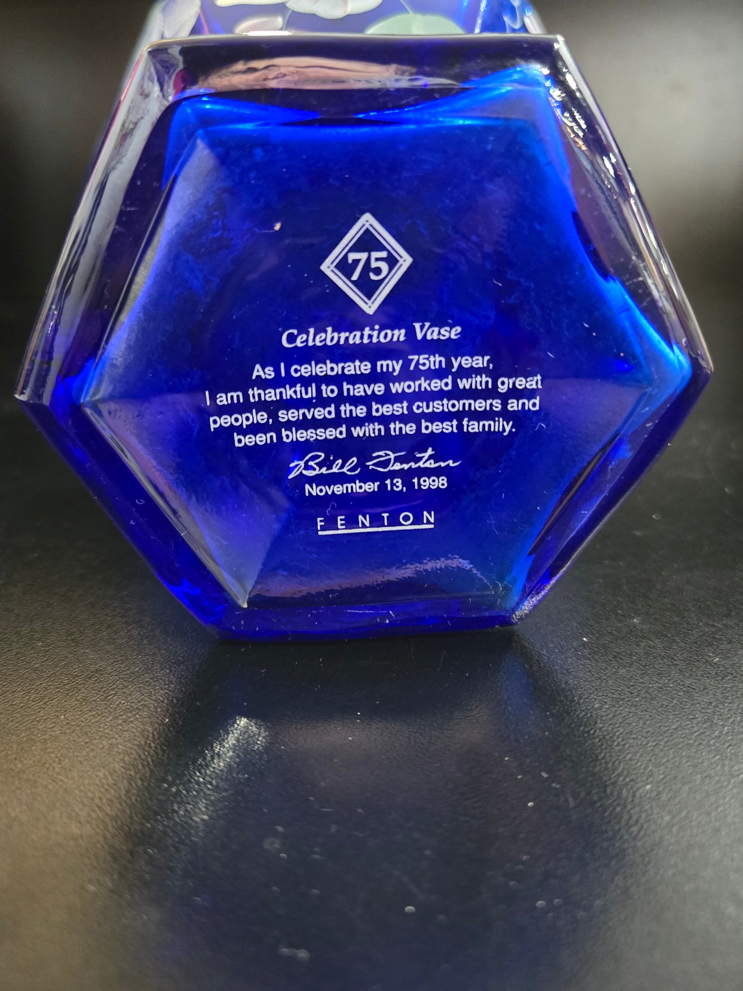 Vintage Fenton 75th Anniversary Celebration Blue Vase