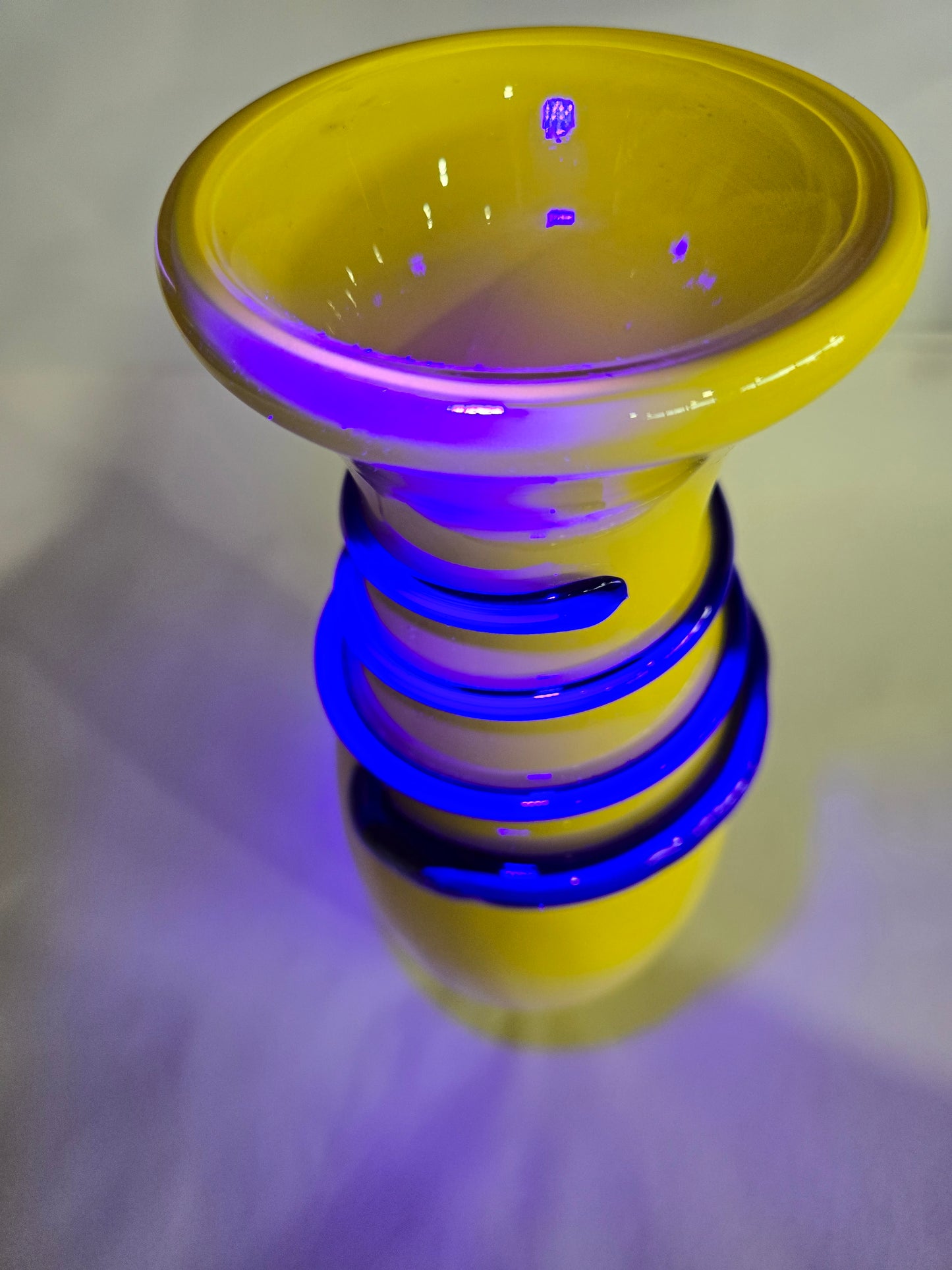 Vibrant Yellow Hand Blown Glass Vase w/ Blue Spiral Accent