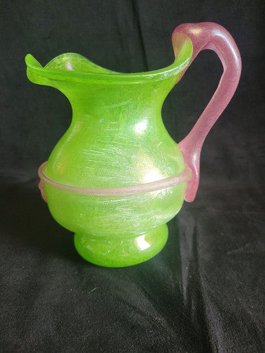 Green Glass Pitcher with Pink Handle and Lions Head Applique