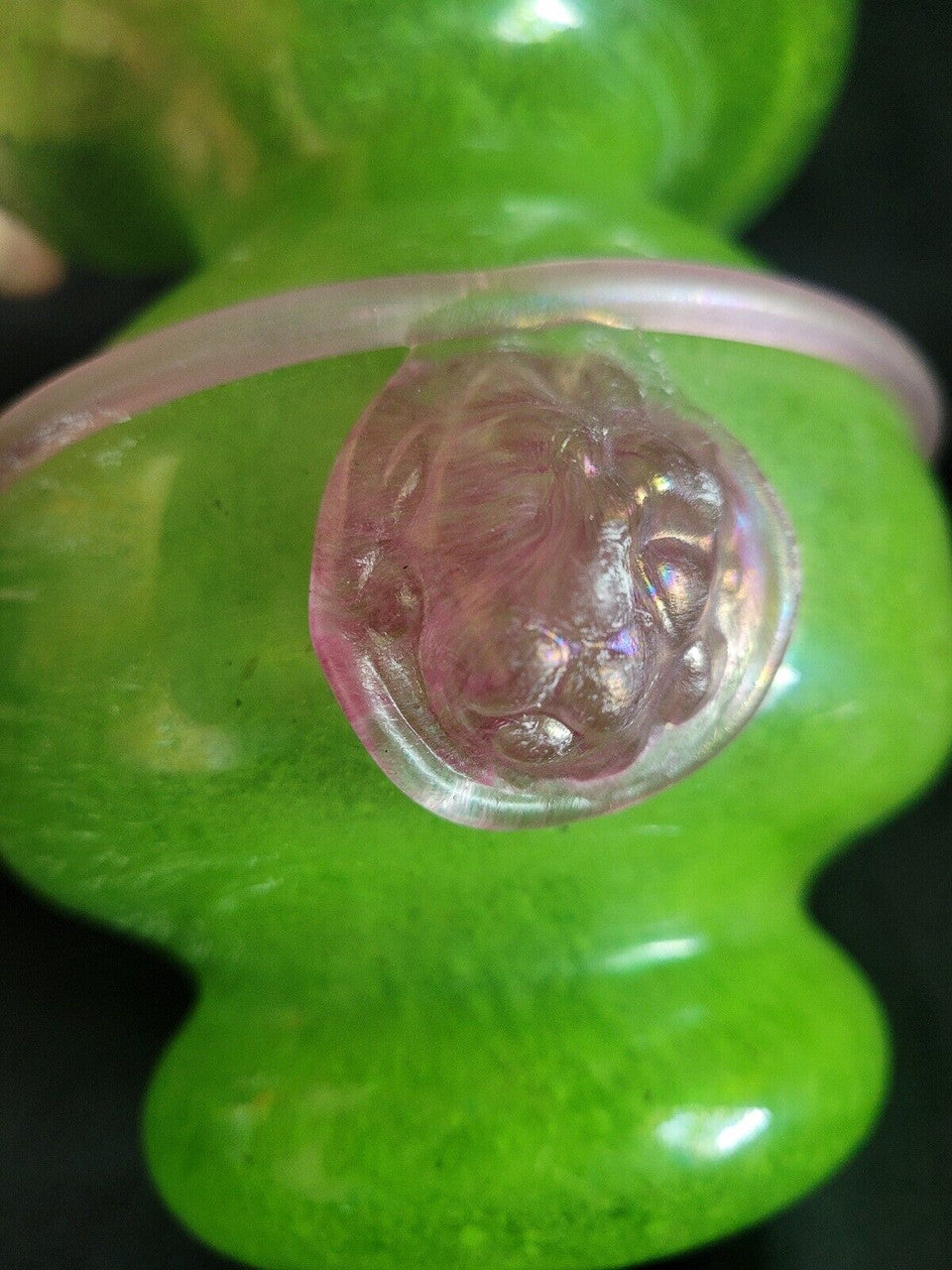 Green Glass Pitcher with Pink Handle and Lions Head Applique