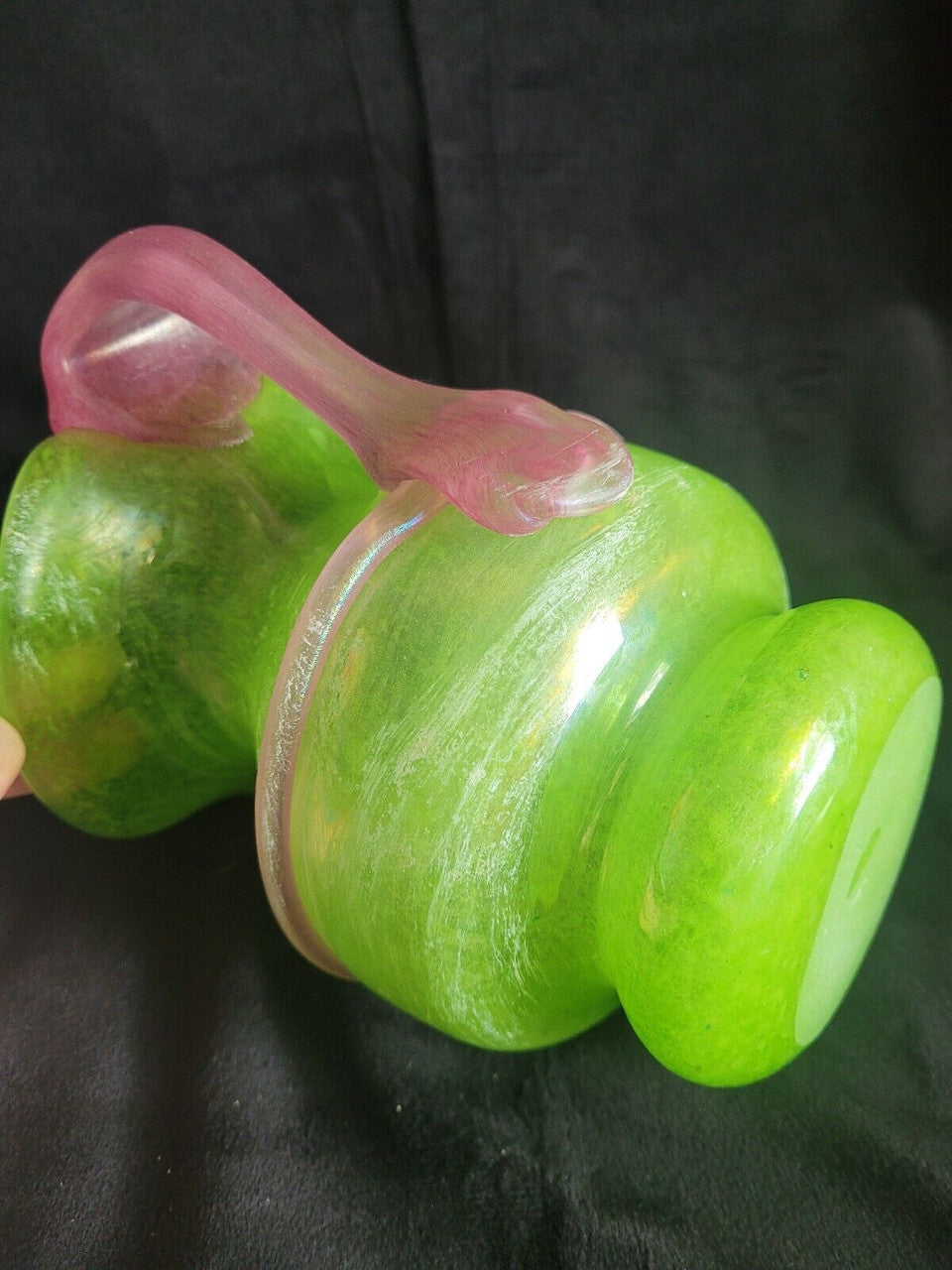 Green Glass Pitcher with Pink Handle and Lions Head Applique