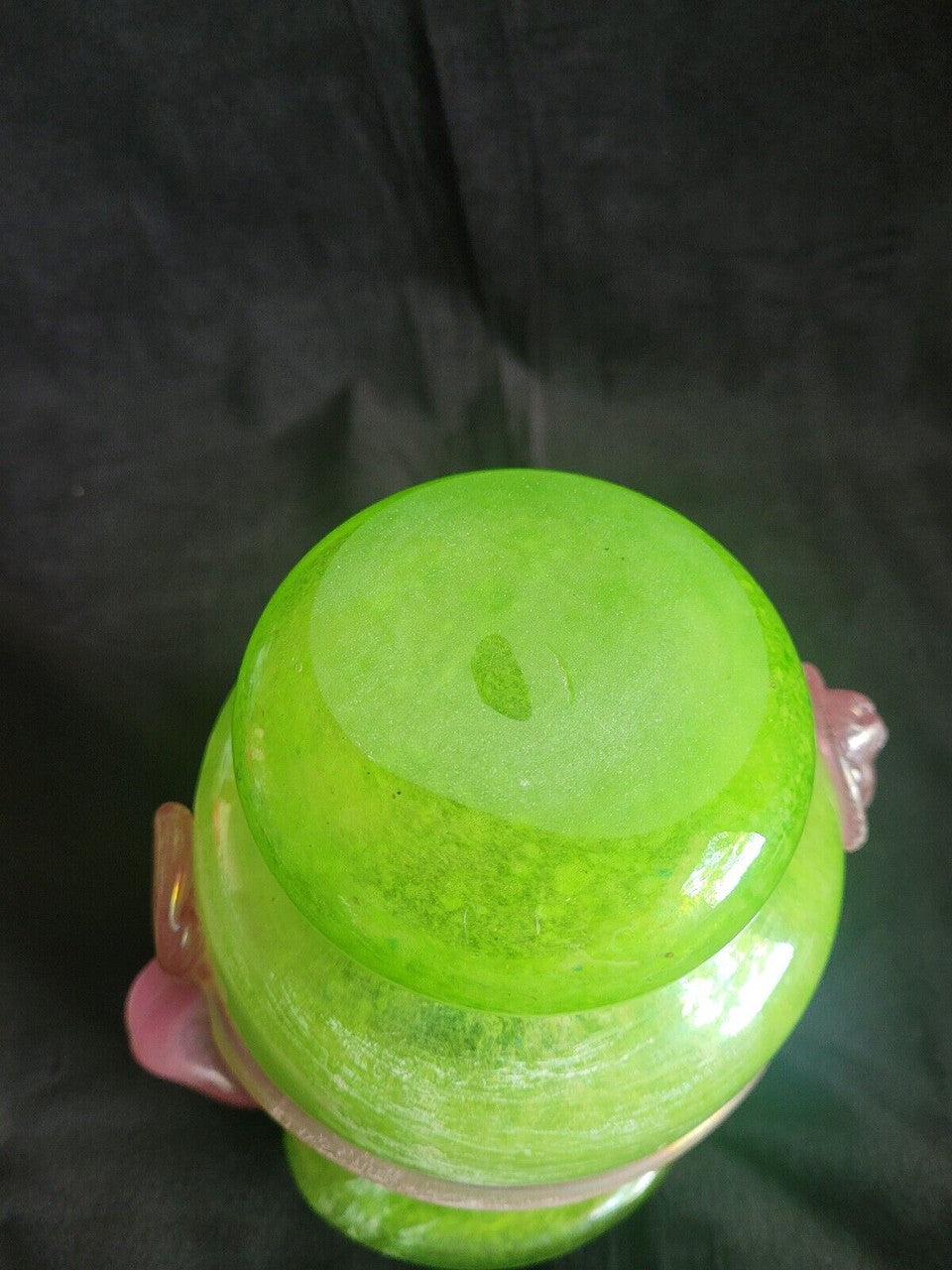 Green Glass Pitcher with Pink Handle and Lions Head Applique