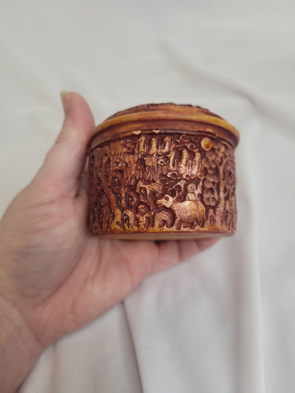 Carved Resin Trinket Box with Asian Scene