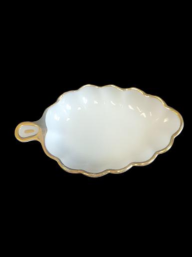 Milk Glass Leaf Shaped Dish with Gold Trim