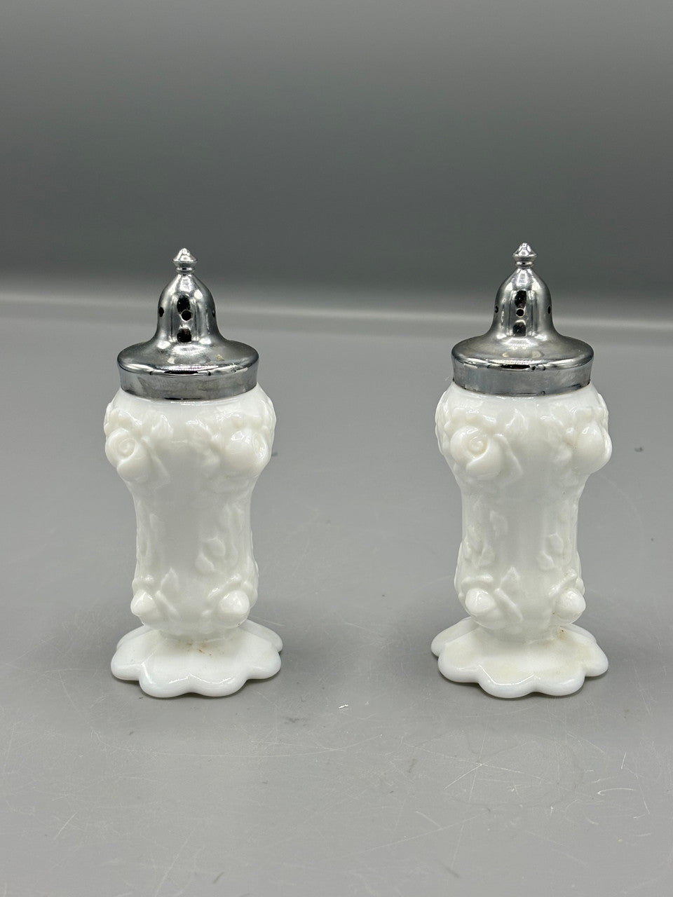 Vintage Ornate Milk Glass Salt and Pepper Set