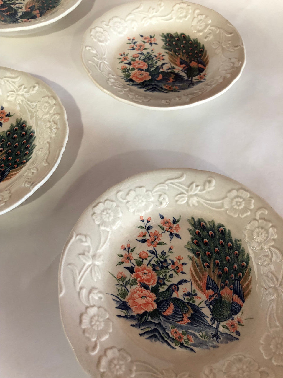 Vintage hand painted Peacock platter with 5 dessert plates