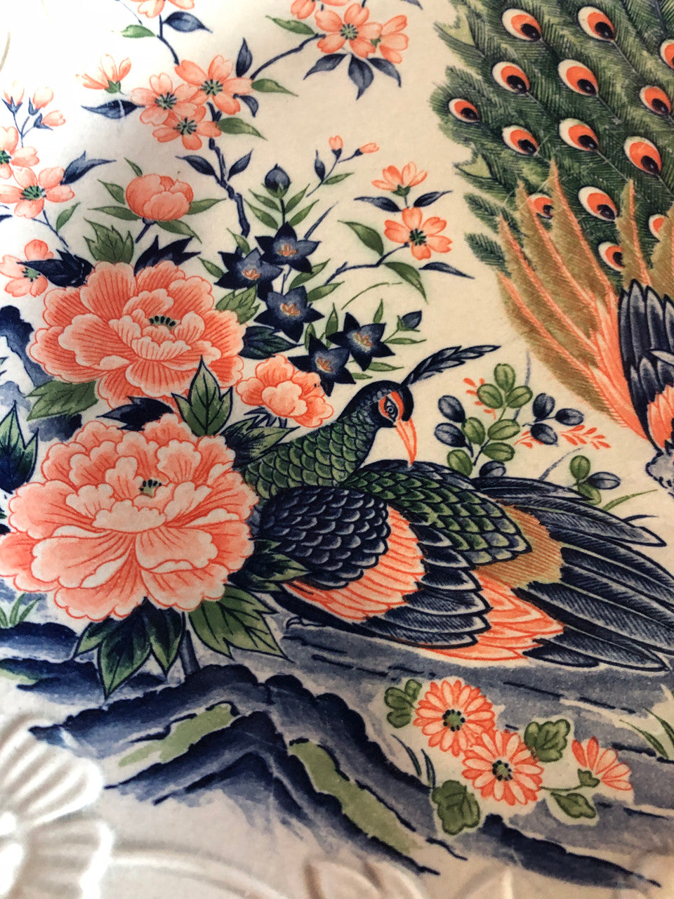 Vintage hand painted Peacock platter with 5 dessert plates
