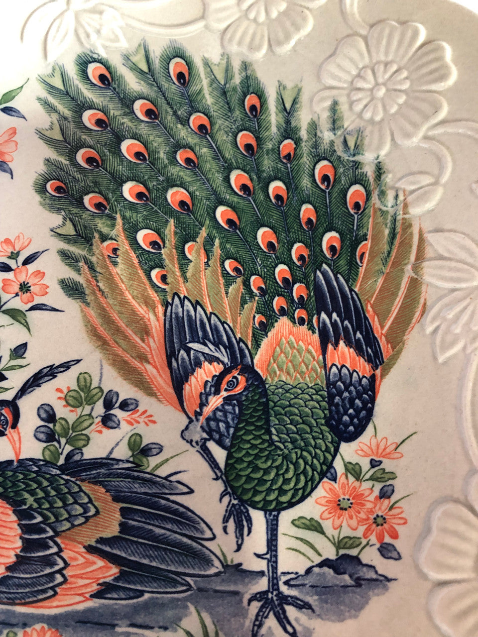 Vintage hand painted Peacock platter with 5 dessert plates