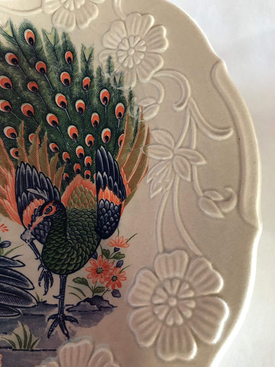 Vintage hand painted Peacock platter with 5 dessert plates