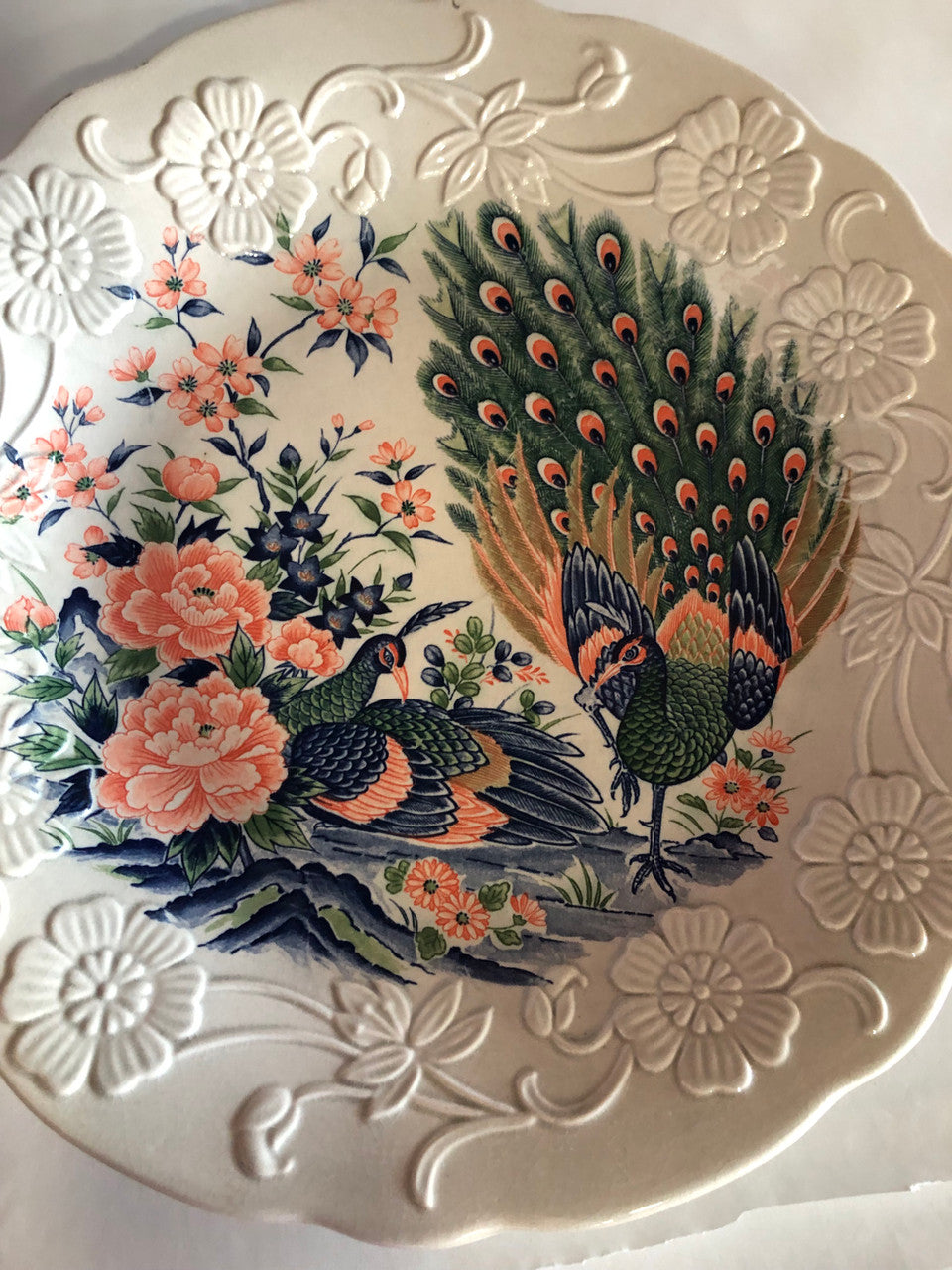 Vintage hand painted Peacock platter with 5 dessert plates