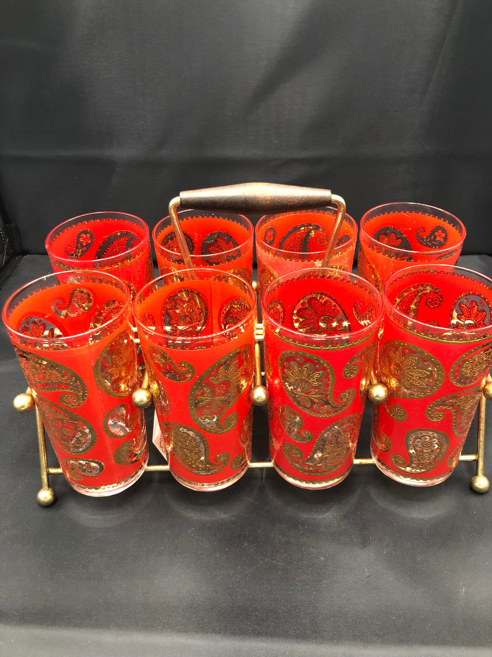 Culver Mid Century Red & 22kt Gold Paisley Bar Set