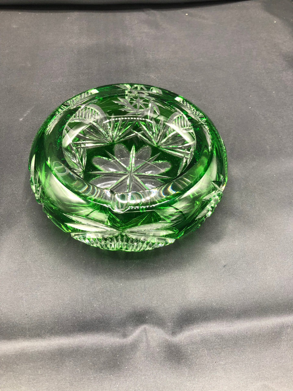 Bohemian Emerald Cut Green Glass Ashtray