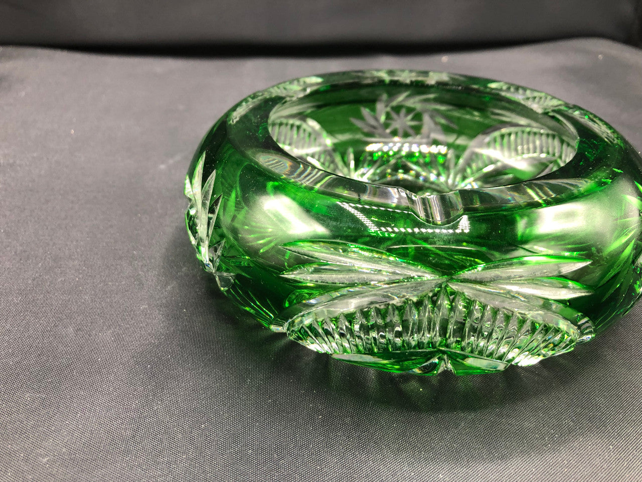 Bohemian Emerald Cut Green Glass Ashtray