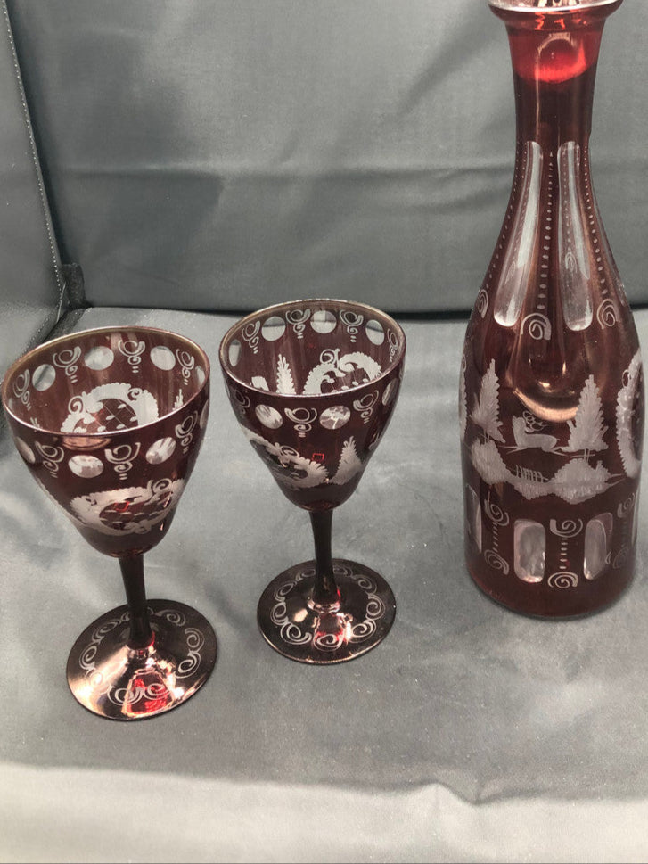 Bohemian Red Cut Glass Decanter w/ stopper & 2 glasses