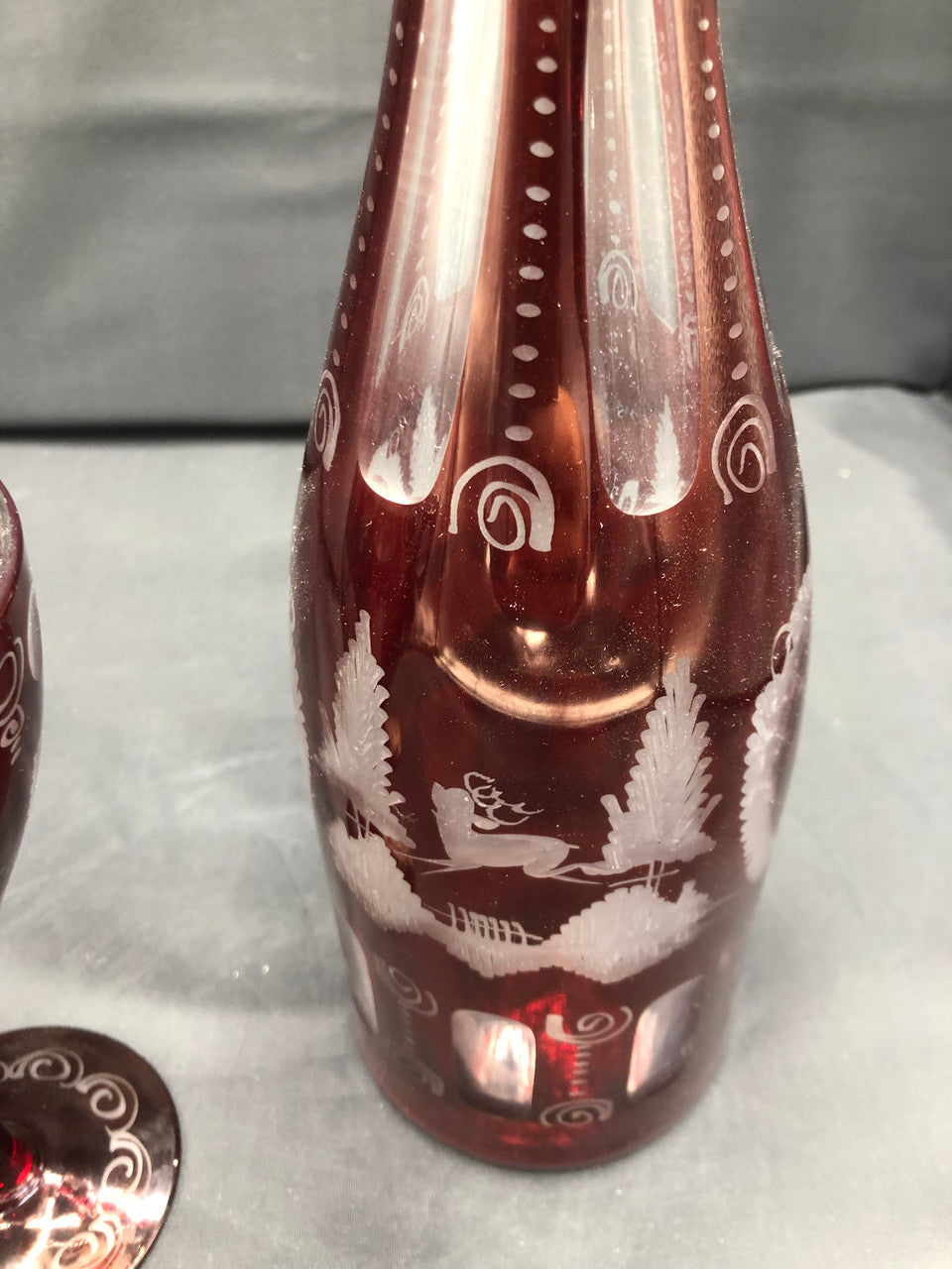 Bohemian Red Cut Glass Decanter w/ stopper & 2 glasses